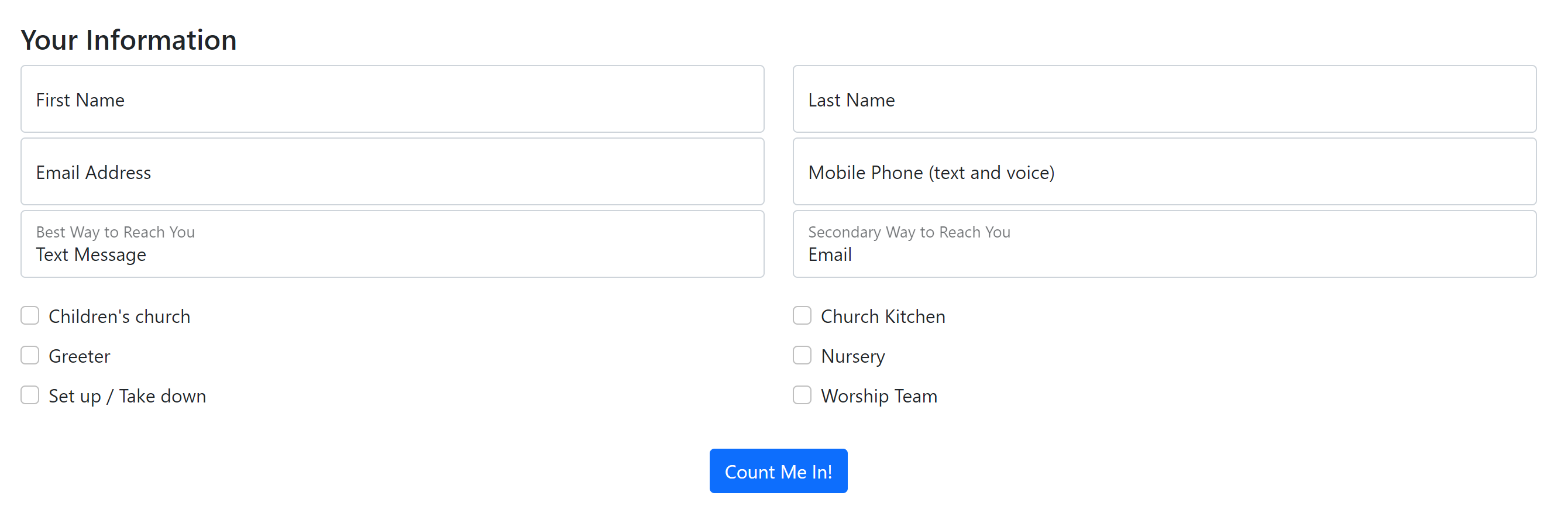 A volunteer sign-up form asking for name, email and mobile number, with checkboxes for roles like nursery, greeter and worship team
